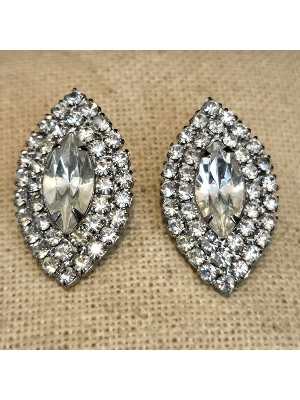 Vintage Large 1.25" Clear Glass Encrusted Formal Pierced Earrings